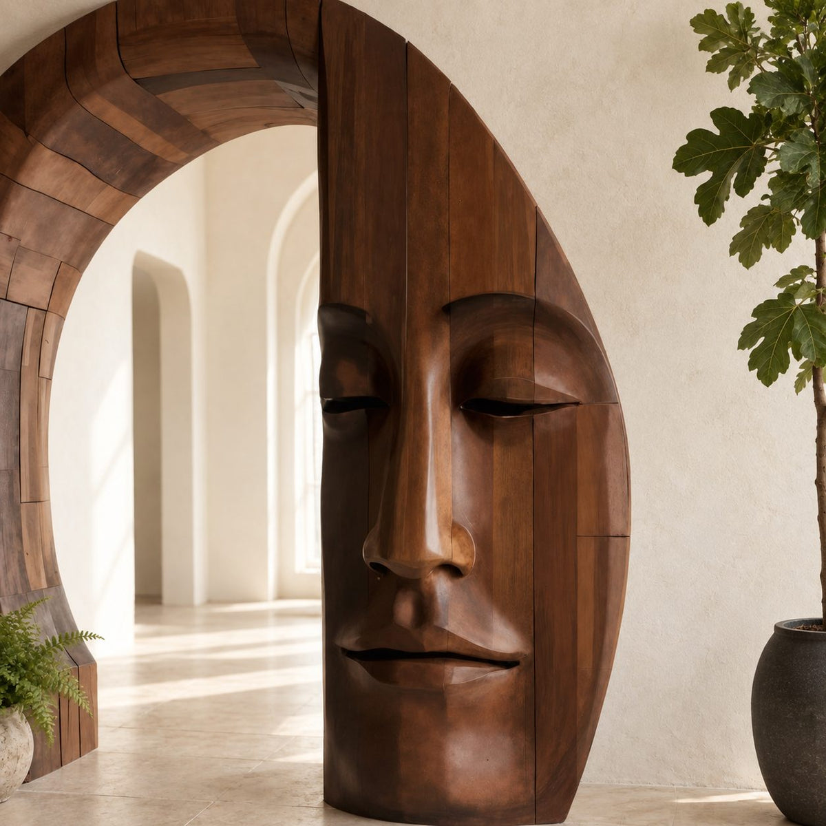 Sculptural Wooden Arch with Carved Zen Face, Freestanding Archway Entry Accent