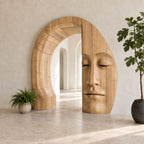 Sculptural Wooden Arch with Carved Zen Face, Freestanding Archway Entry Accent