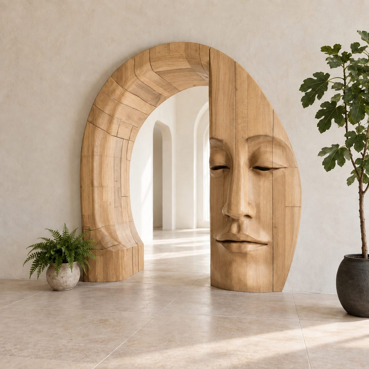 Sculptural Wooden Arch with Carved Zen Face, Freestanding Archway Entry Accent