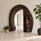 Sculptural Wooden Arch with Carved Zen Face, Freestanding Archway Entry Accent