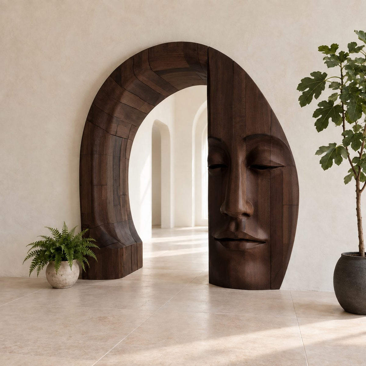 Sculptural Wooden Arch with Carved Zen Face, Freestanding Archway Entry Accent