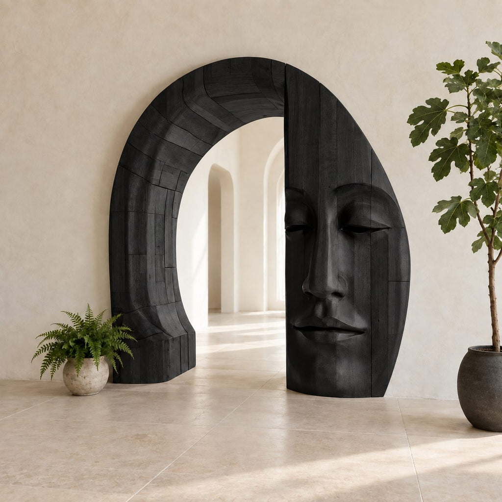 Sculptural Wooden Arch with Carved Zen Face, Freestanding Archway Entry Accent