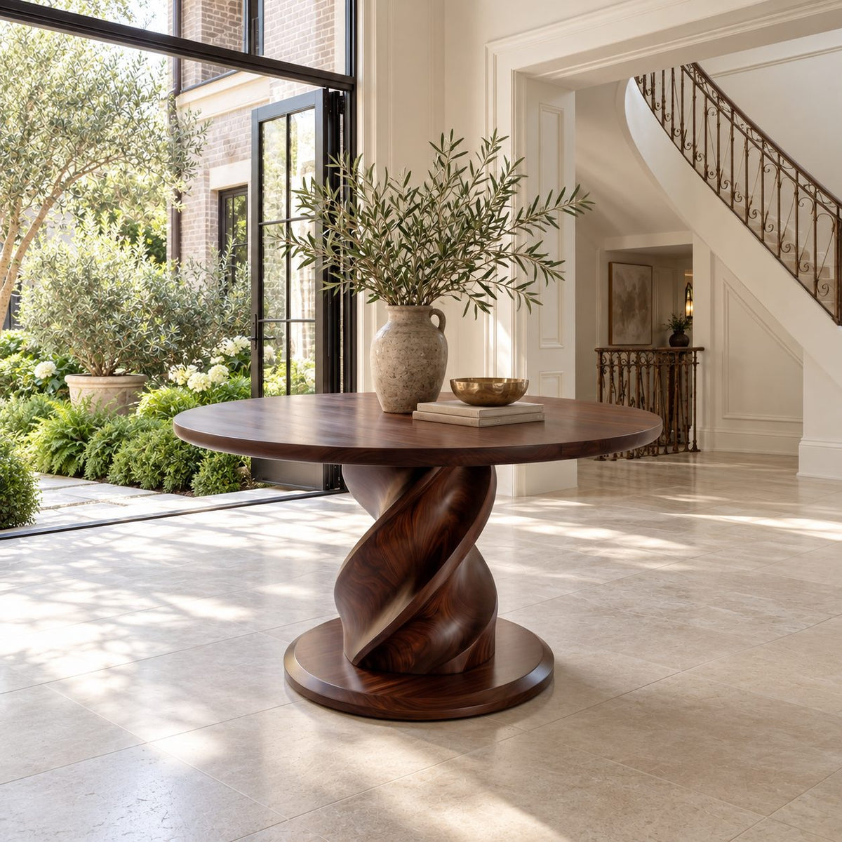 Round Foyer Table with Twisted Spiral Pedestal Base, Solid Wood Entryway Center Table for Hallway