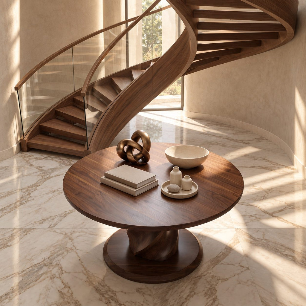 Round Foyer Table with Twisted Spiral Pedestal Base, Solid Wood Entryway Center Table for Hallway
