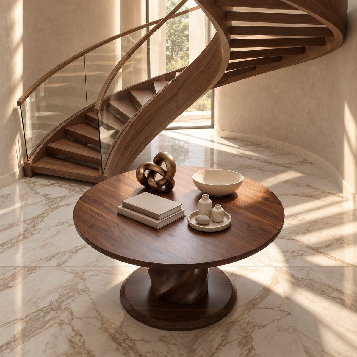 Round Foyer Table with Twisted Spiral Pedestal Base, Solid Wood Entryway Center Table for Hallway