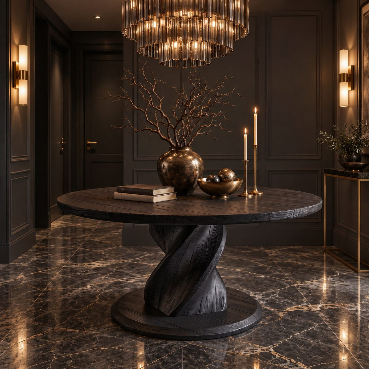 Round Foyer Table with Twisted Spiral Pedestal Base, Solid Wood Entryway Center Table for Hallway