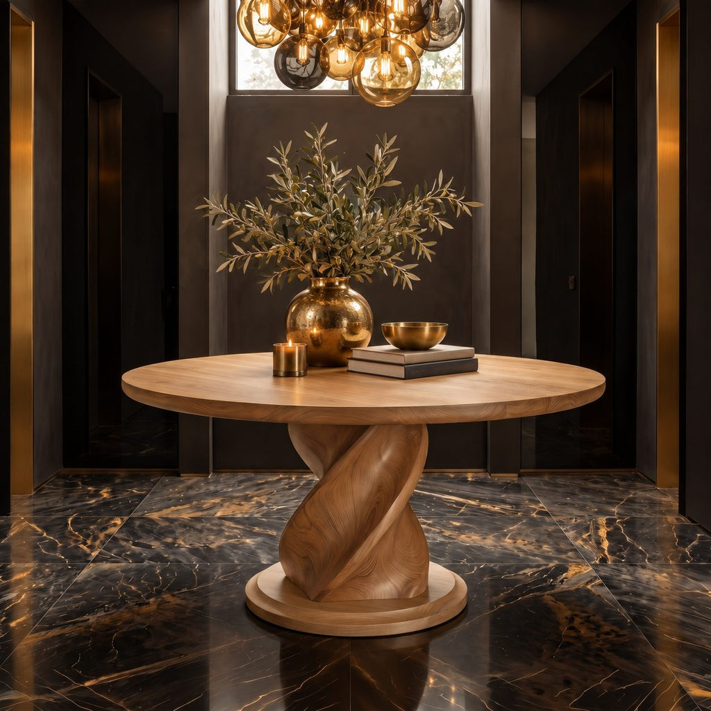 Round Foyer Table with Twisted Spiral Pedestal Base, Solid Wood Entryway Center Table for Hallway