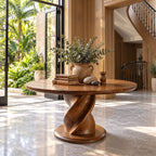 Round Foyer Table with Twisted Spiral Pedestal Base, Solid Wood Entryway Center Table for Hallway
