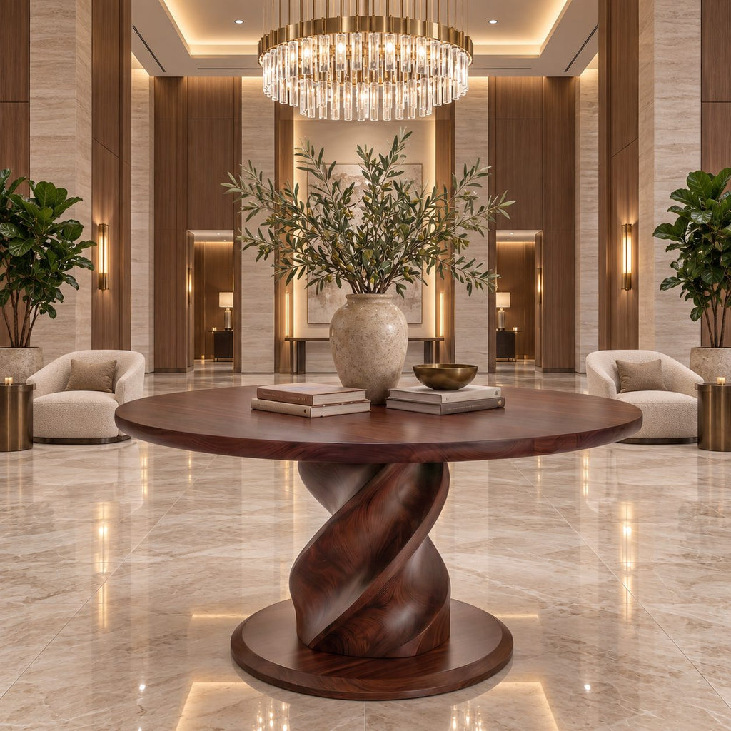 Round Foyer Table with Twisted Spiral Pedestal Base, Solid Wood Entryway Center Table for Hallway