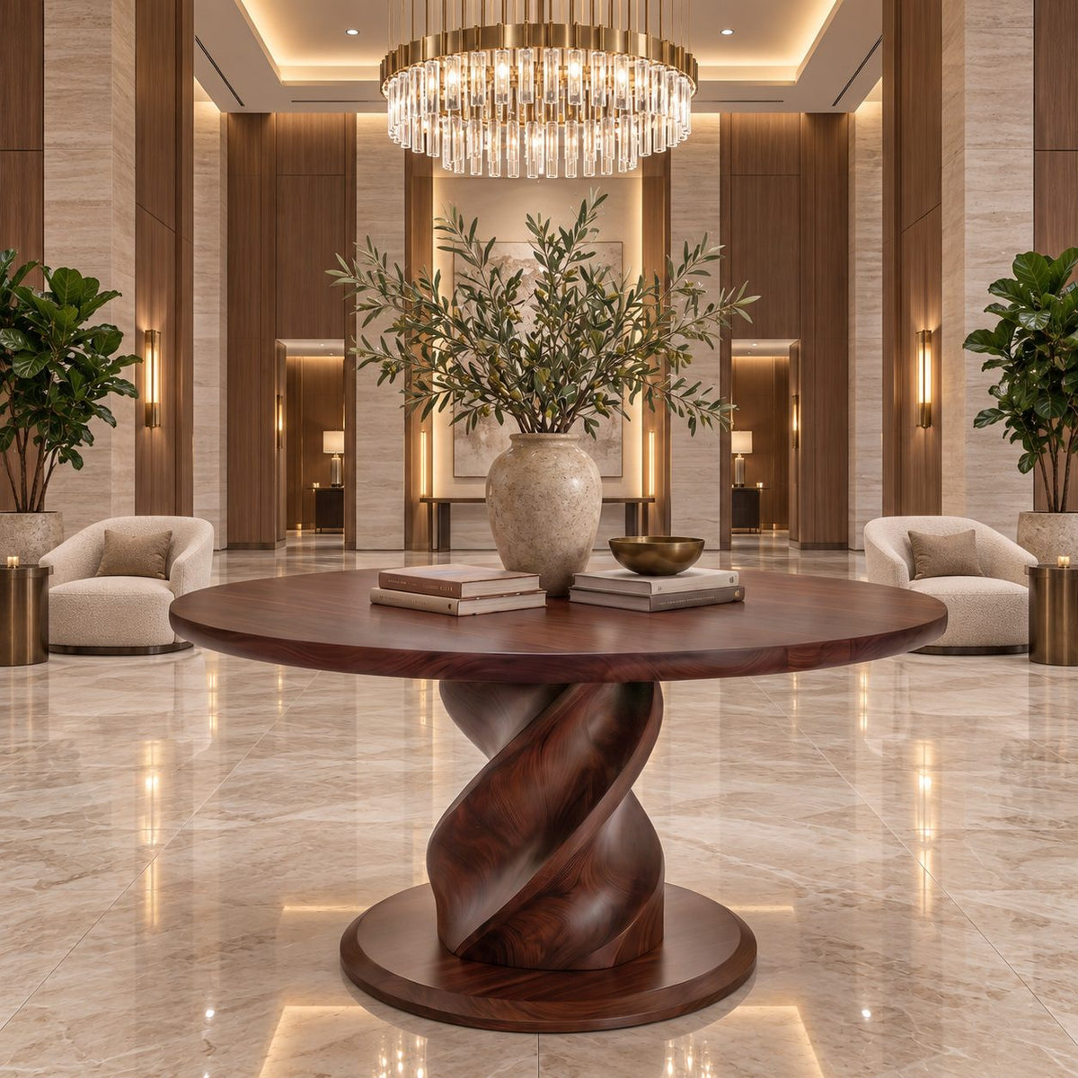 Round Foyer Table with Twisted Spiral Pedestal Base, Solid Wood Entryway Center Table for Hallway
