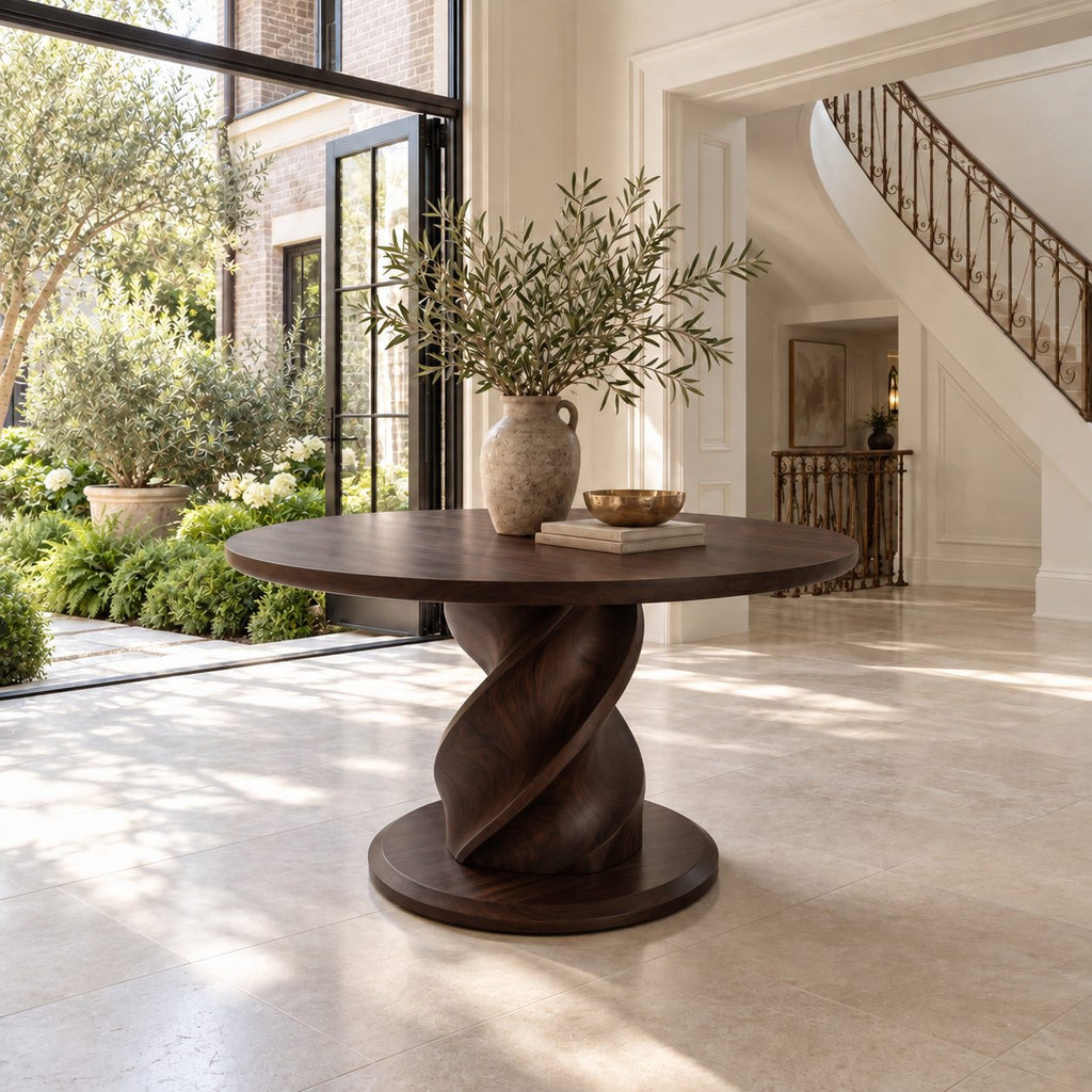 Round Foyer Table with Twisted Spiral Pedestal Base, Solid Wood Entryway Center Table for Hallway