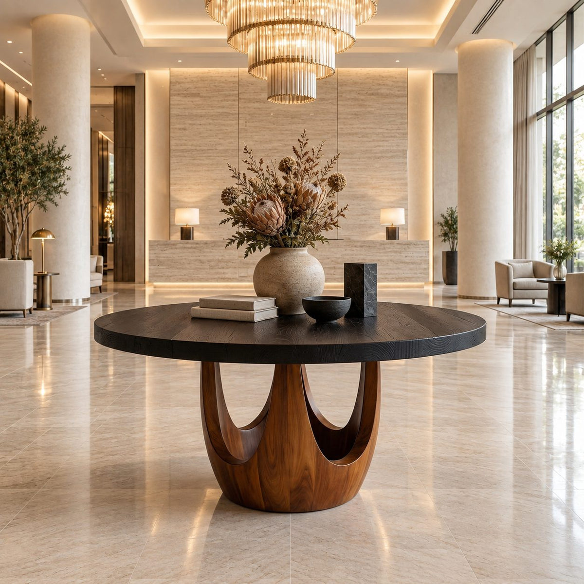 Round Entryway Table with Sculpted Chalice Pedestal and Arched Cutouts, Solid Wood Lobby Foyer Table