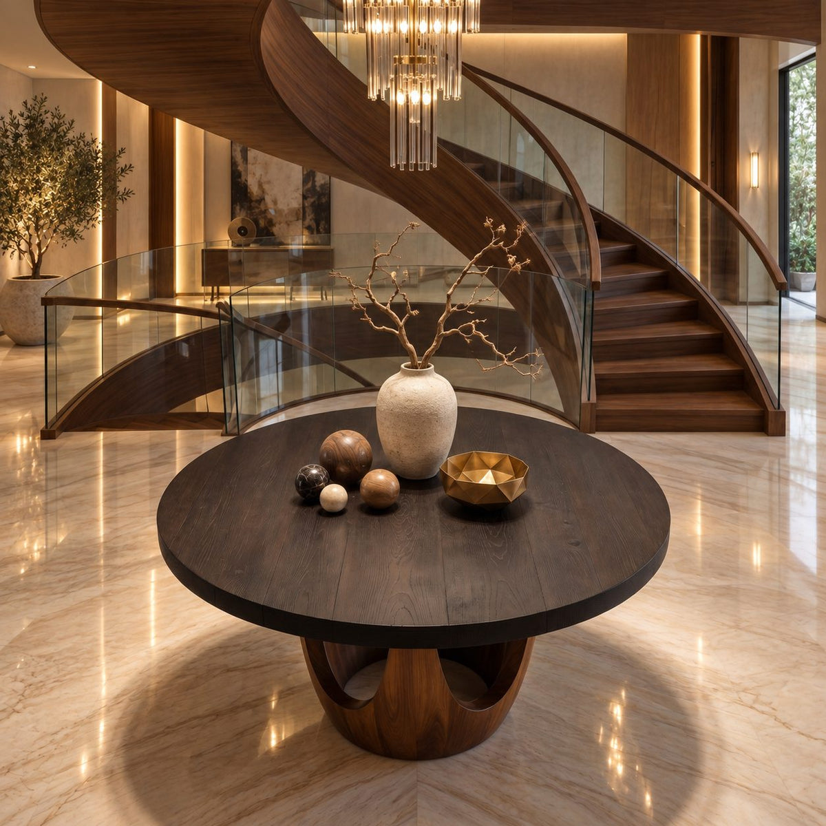 Round Entryway Table with Sculpted Chalice Pedestal and Arched Cutouts, Solid Wood Lobby Foyer Table