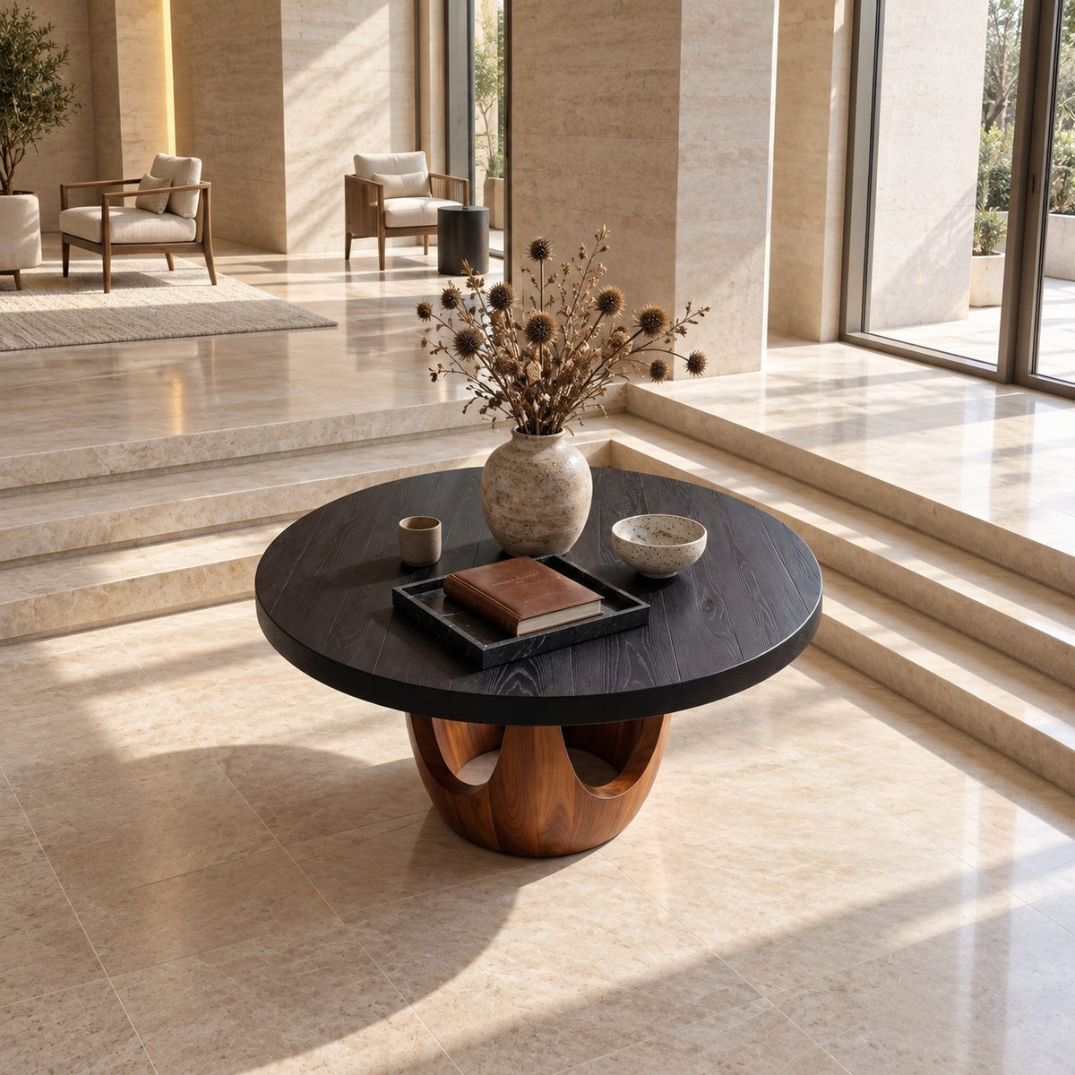 Round Entryway Table with Sculpted Chalice Pedestal and Arched Cutouts, Solid Wood Lobby Foyer Table