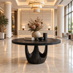Round Entryway Table with Sculpted Chalice Pedestal and Arched Cutouts, Solid Wood Lobby Foyer Table