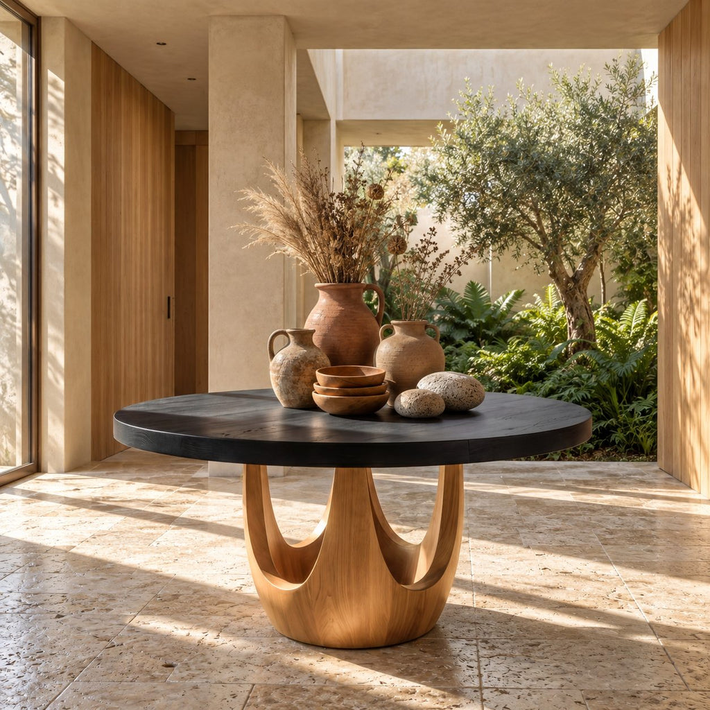 Round Entryway Table with Sculpted Chalice Pedestal and Arched Cutouts, Solid Wood Lobby Foyer Table