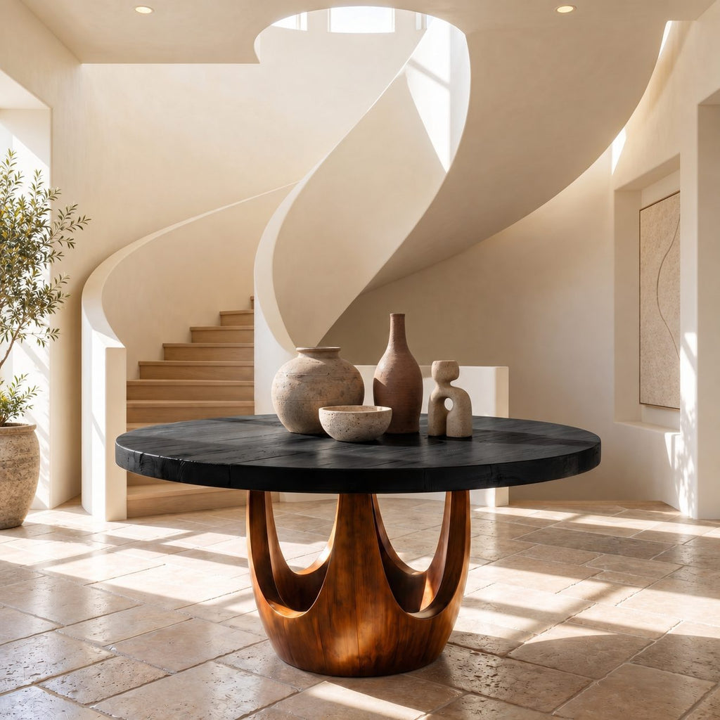 Round Entryway Table with Sculpted Chalice Pedestal and Arched Cutouts, Solid Wood Lobby Foyer Table