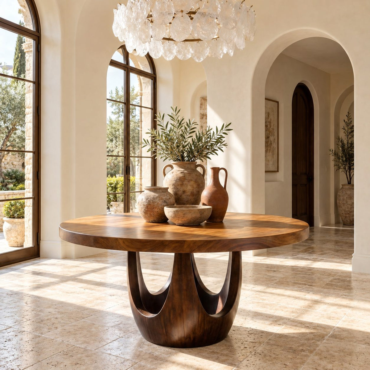 Round Entryway Table with Sculpted Chalice Pedestal and Arched Cutouts, Solid Wood Lobby Foyer Table