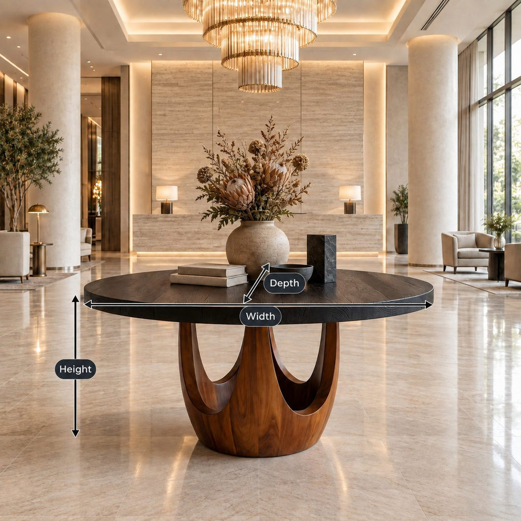 Round Entryway Table with Sculpted Chalice Pedestal and Arched Cutouts, Solid Wood Lobby Foyer Table