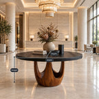 Round Entryway Table with Sculpted Chalice Pedestal and Arched Cutouts, Solid Wood Lobby Foyer Table