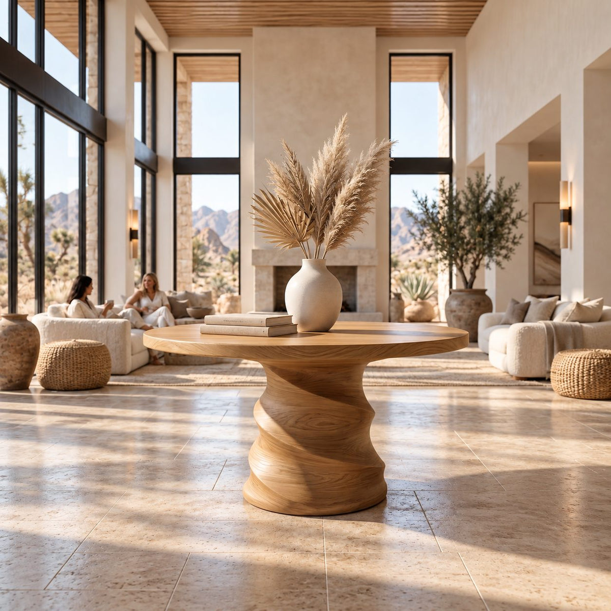 Round Foyer Table with Spiral Carved Drum Pedestal, Organic Modern Solid Wood Entry Center Table
