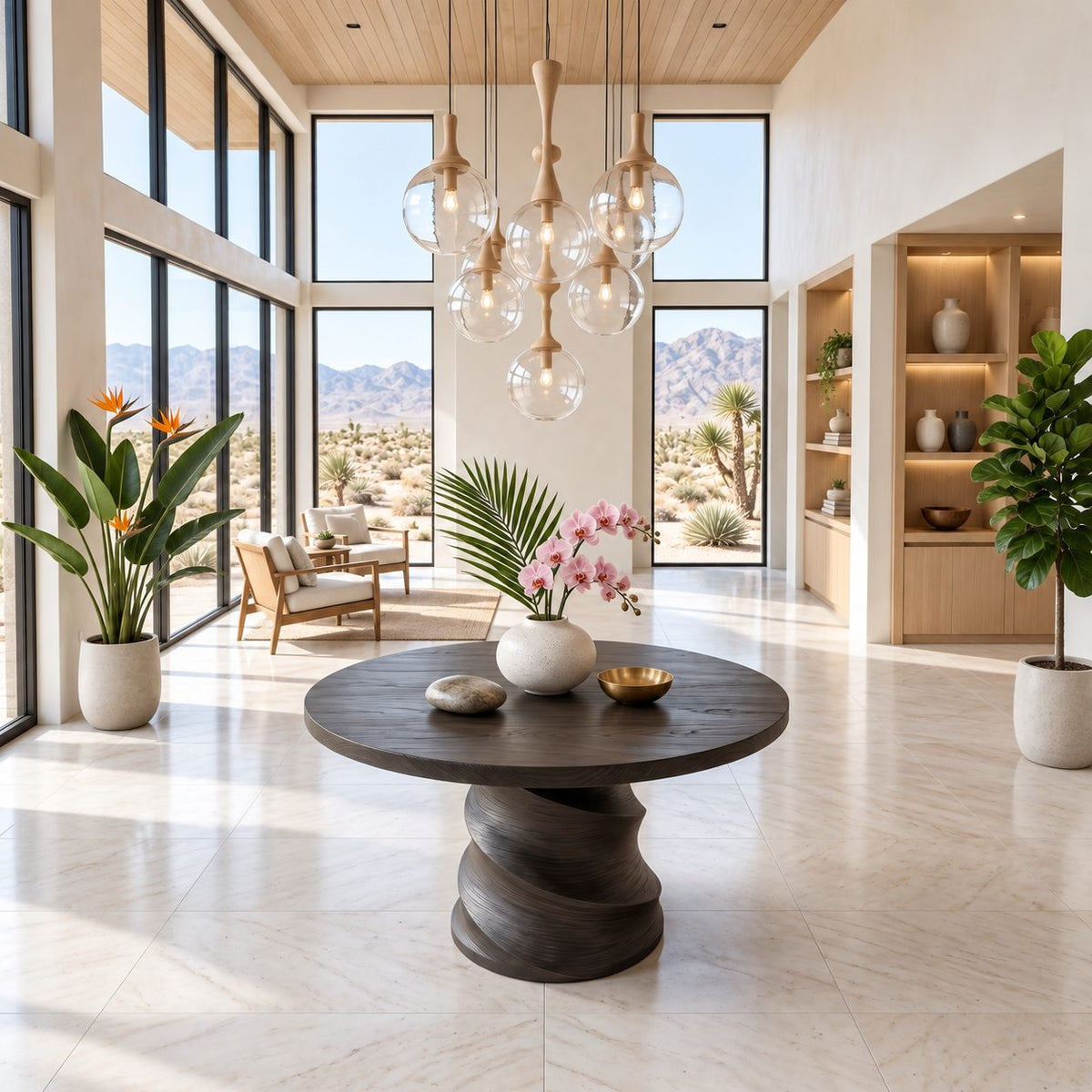 Round Foyer Table with Spiral Carved Drum Pedestal, Organic Modern Solid Wood Entry Center Table