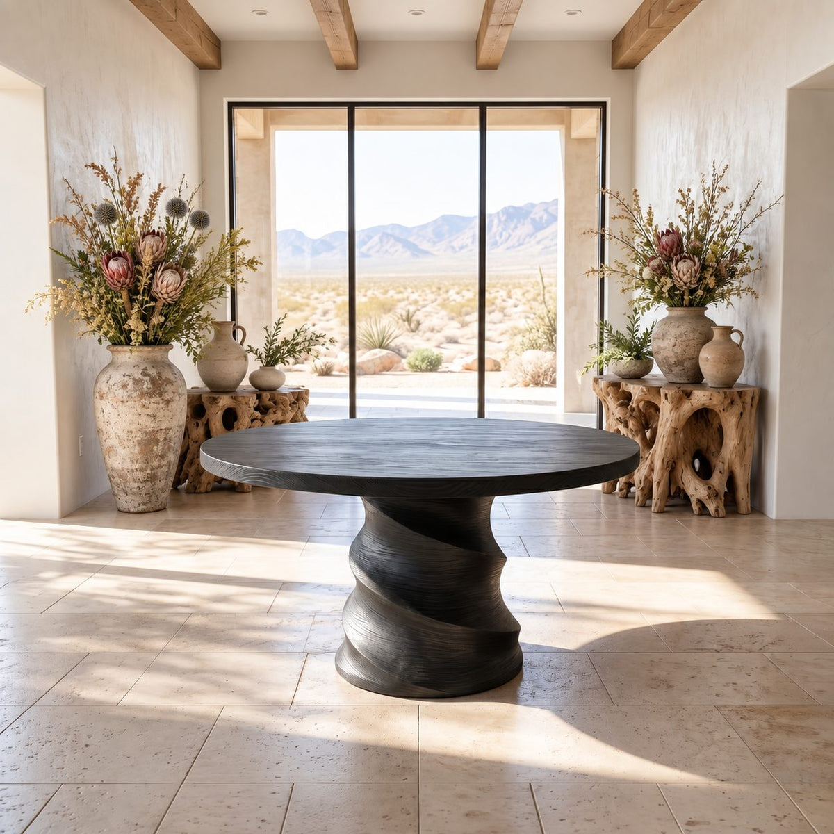 Round Foyer Table with Spiral Carved Drum Pedestal, Organic Modern Solid Wood Entry Center Table