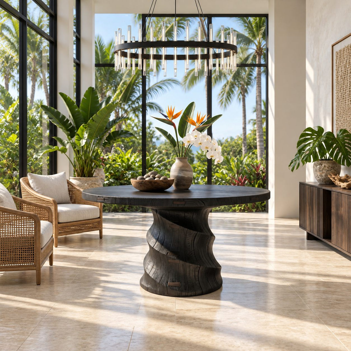 Round Foyer Table with Spiral Carved Drum Pedestal, Organic Modern Solid Wood Entry Center Table