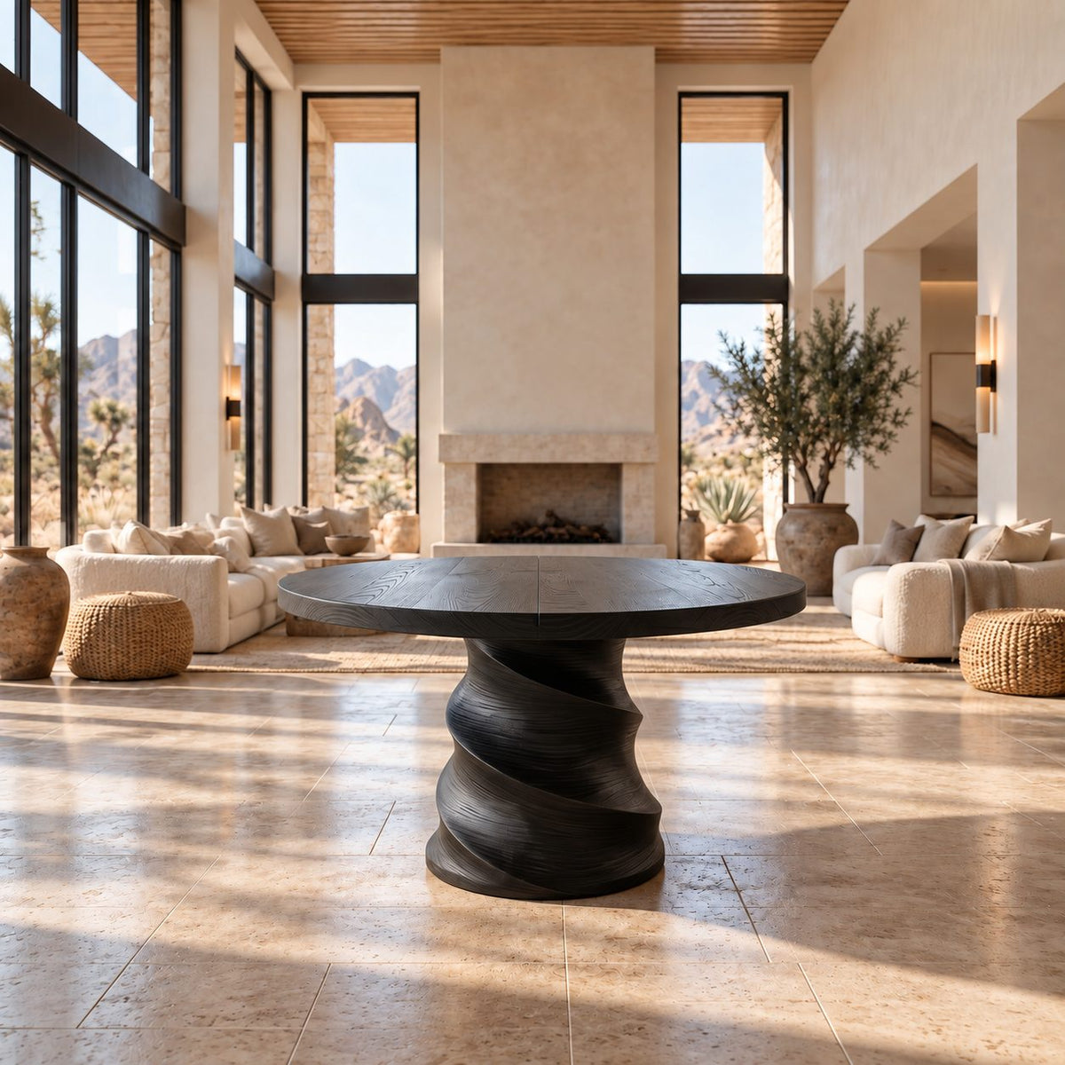 Round Foyer Table with Spiral Carved Drum Pedestal, Organic Modern Solid Wood Entry Center Table