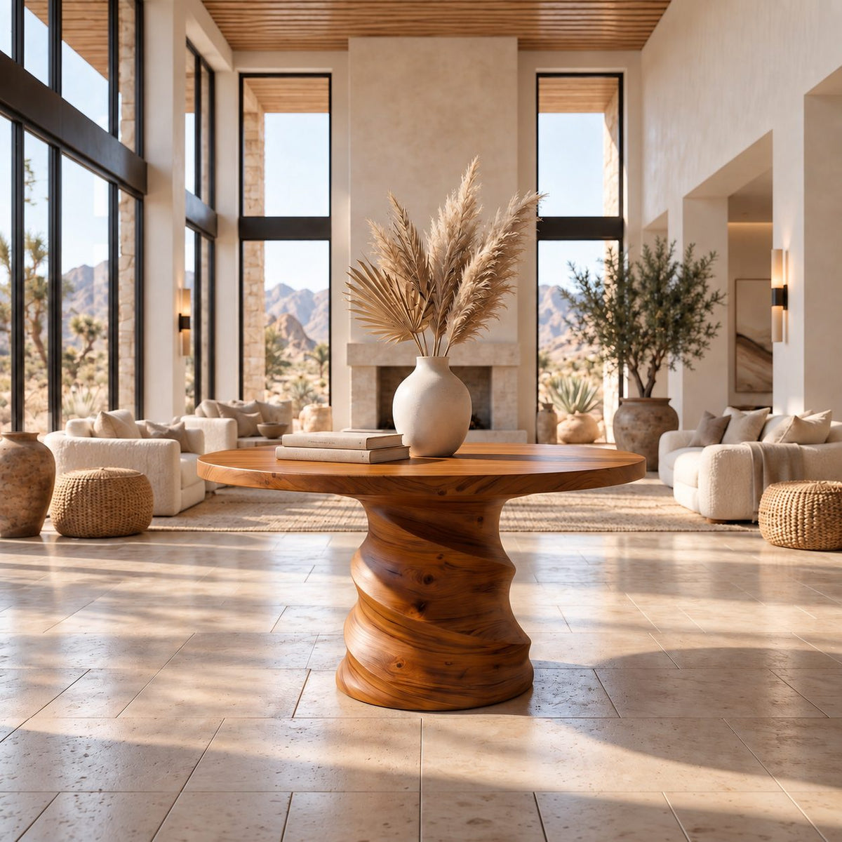Round Foyer Table with Spiral Carved Drum Pedestal, Organic Modern Solid Wood Entry Center Table