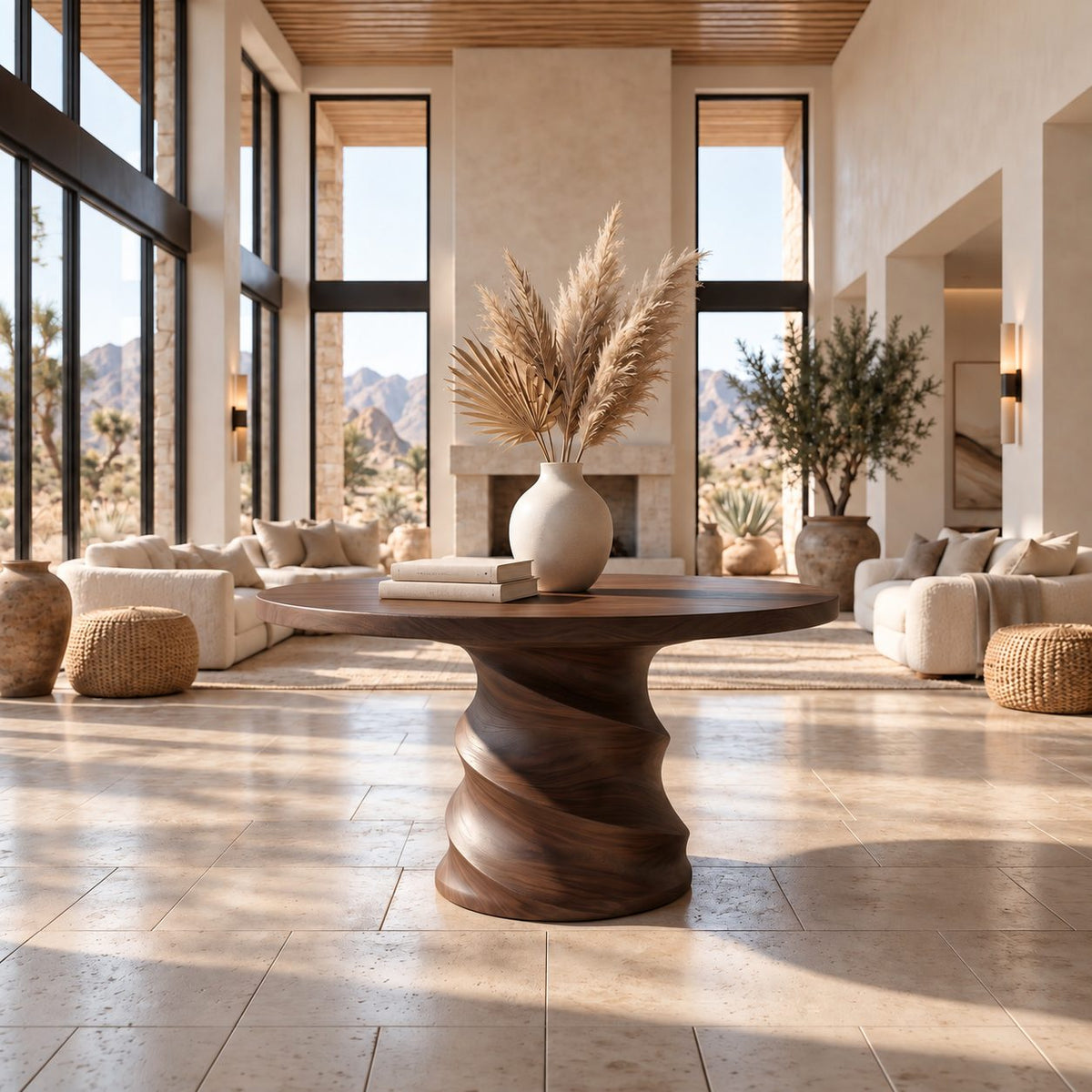 Round Foyer Table with Spiral Carved Drum Pedestal, Organic Modern Solid Wood Entry Center Table