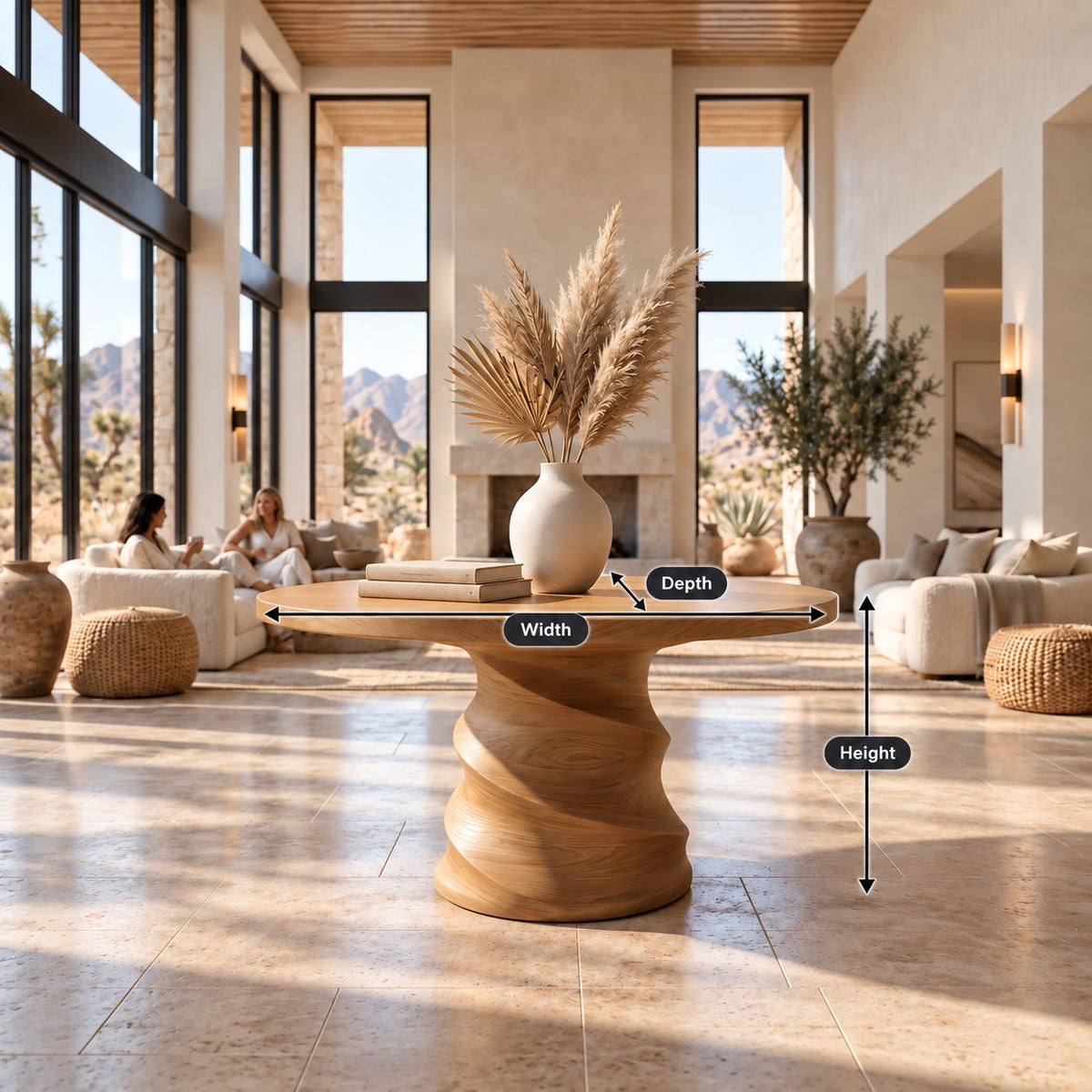 Round Foyer Table with Spiral Carved Drum Pedestal, Organic Modern Solid Wood Entry Center Table
