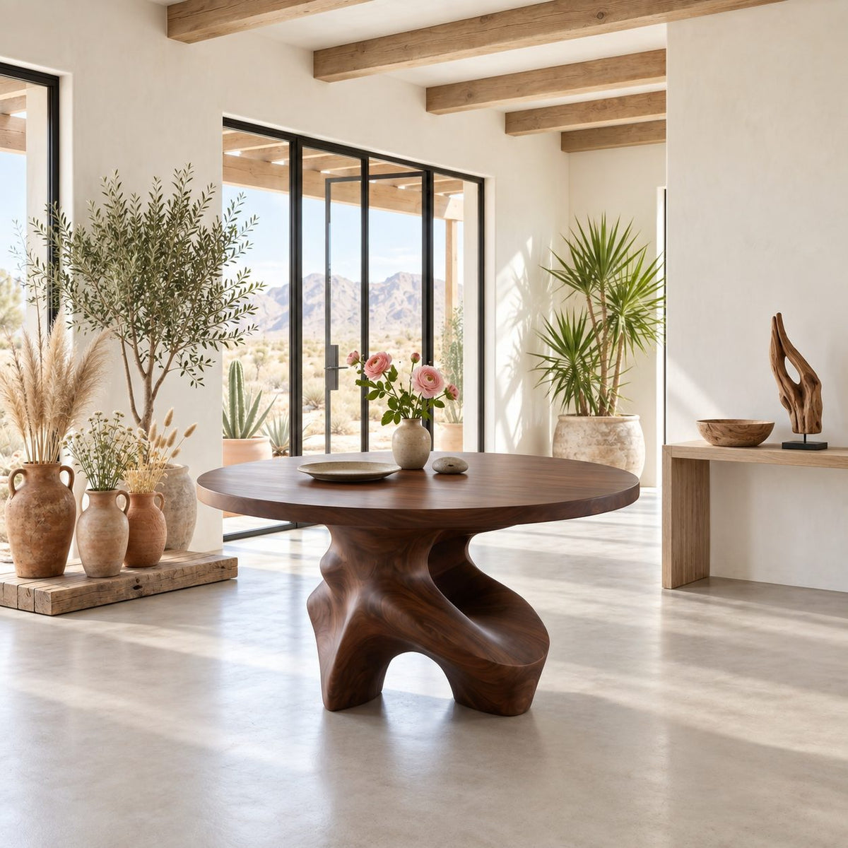 Organic Freeform Foyer Table with Sculpted Wood Base, Round Entryway Center Table for Living Room