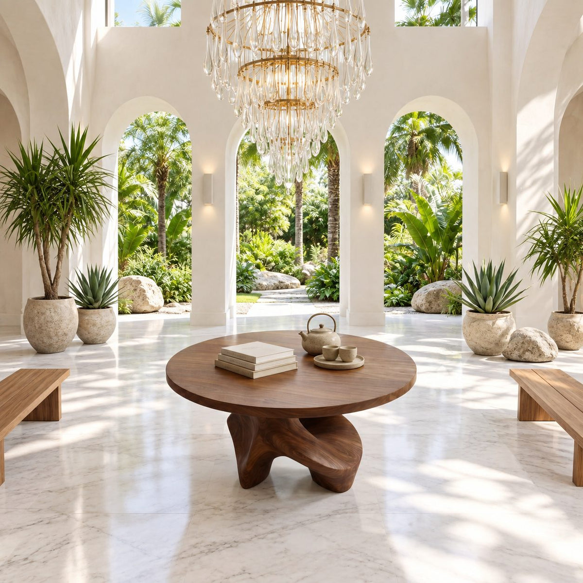 Organic Freeform Foyer Table with Sculpted Wood Base, Round Entryway Center Table for Living Room