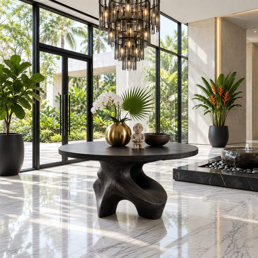 Organic Freeform Foyer Table with Sculpted Wood Base, Round Entryway Center Table for Living Room