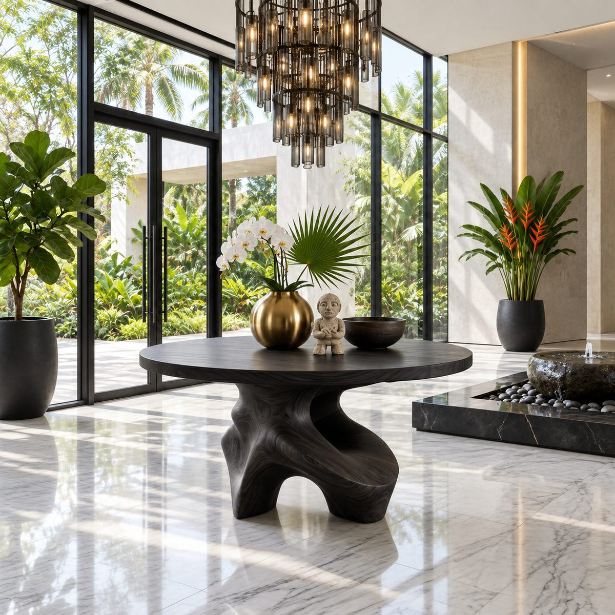 Organic Freeform Foyer Table with Sculpted Wood Base, Round Entryway Center Table for Living Room
