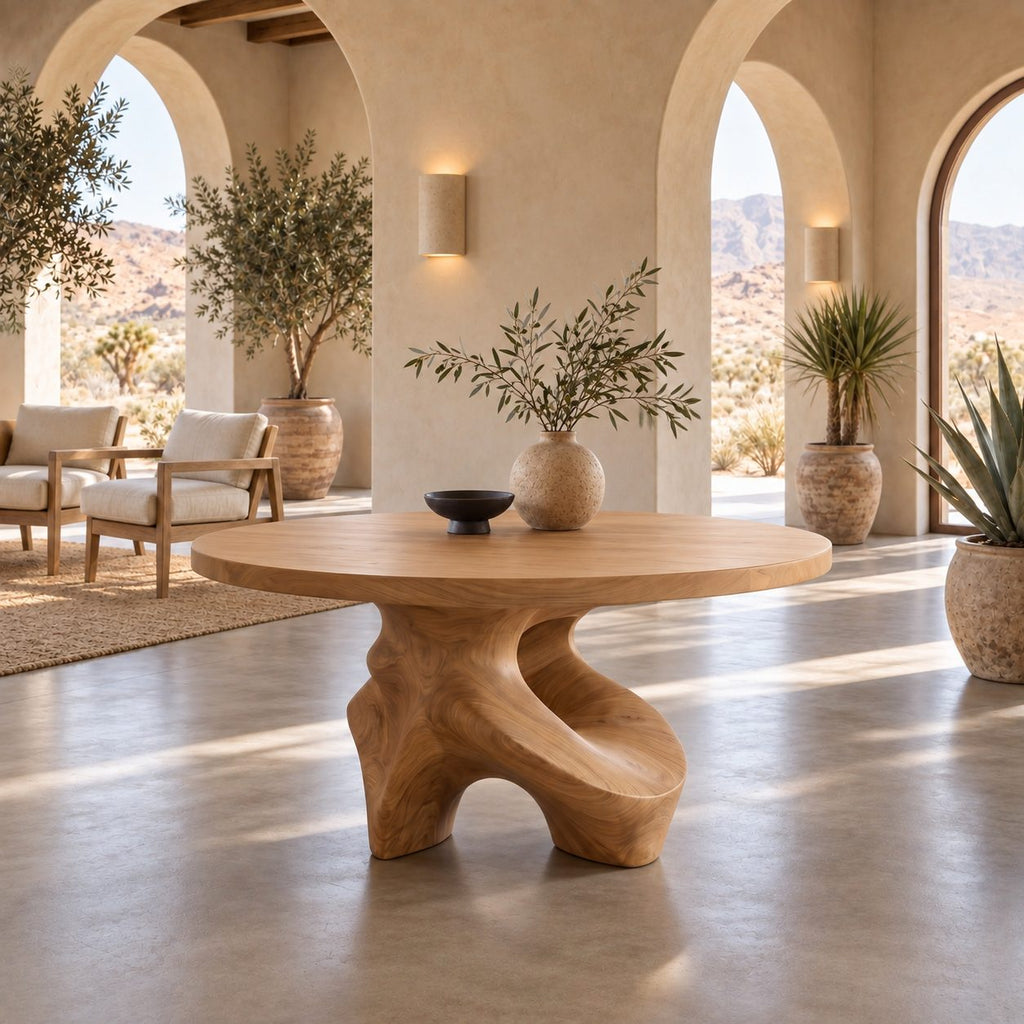 Organic Freeform Foyer Table with Sculpted Wood Base, Round Entryway Center Table for Living Room