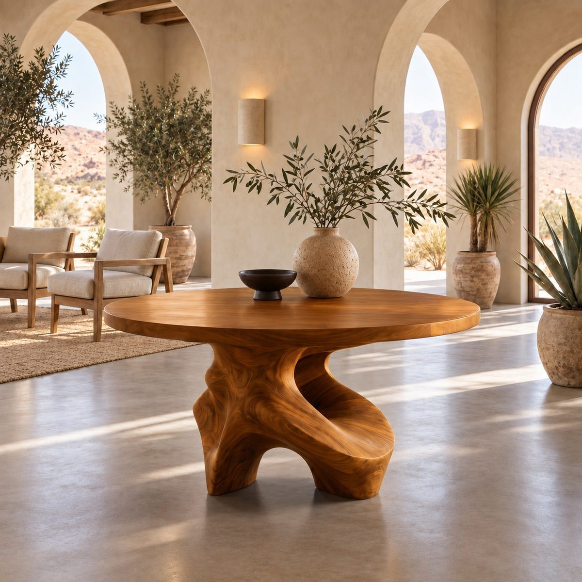 Organic Freeform Foyer Table with Sculpted Wood Base, Round Entryway Center Table for Living Room