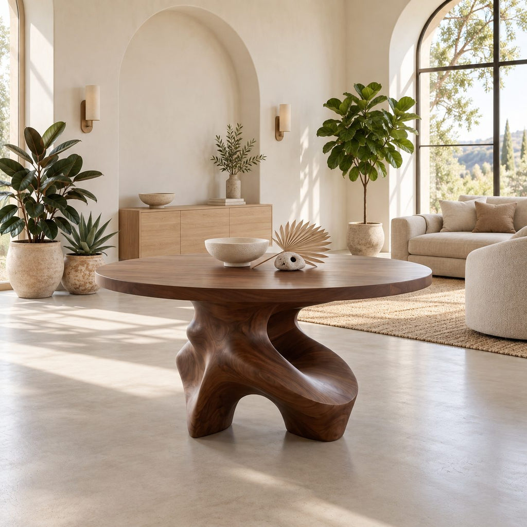 Organic Freeform Foyer Table with Sculpted Wood Base, Round Entryway Center Table for Living Room