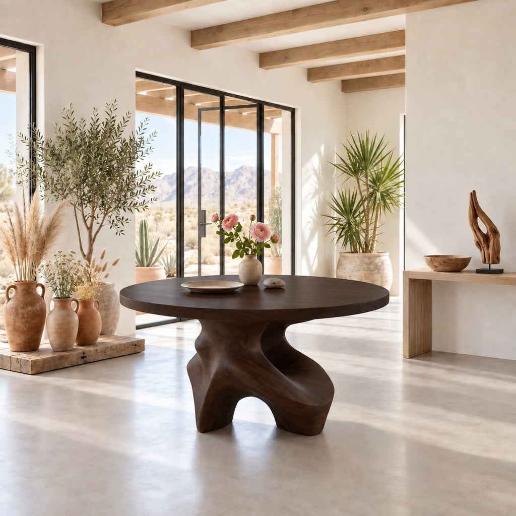 Organic Freeform Foyer Table with Sculpted Wood Base, Round Entryway Center Table for Living Room