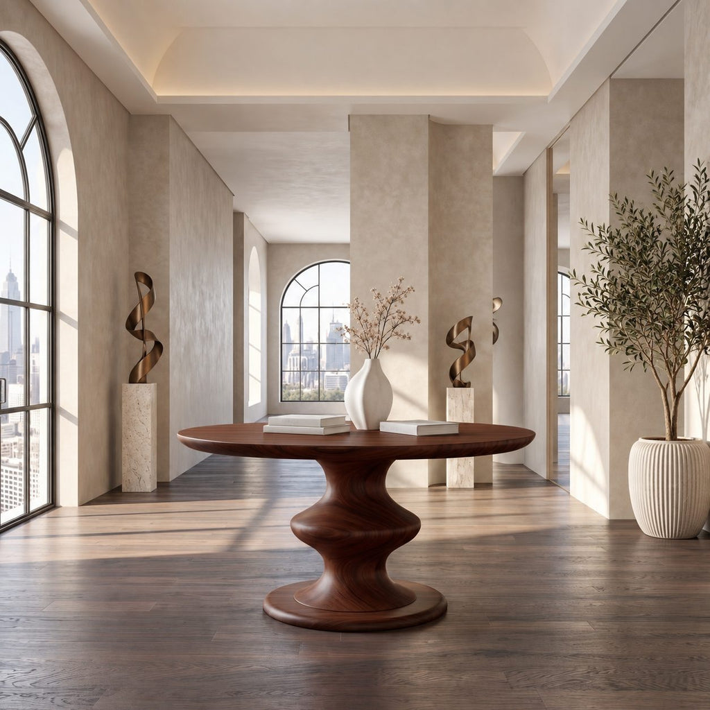 Round Foyer Table with Turned Spool Pedestal Base, Mid Century Solid Wood Entryway Accent Table