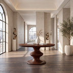 Round Foyer Table with Turned Spool Pedestal Base, Mid Century Solid Wood Entryway Accent Table