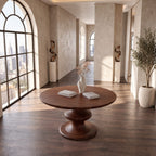 Round Foyer Table with Turned Spool Pedestal Base, Mid Century Solid Wood Entryway Accent Table