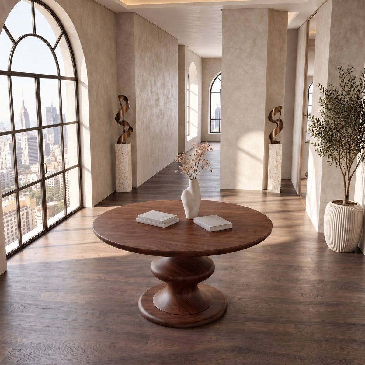 Round Foyer Table with Turned Spool Pedestal Base, Mid Century Solid Wood Entryway Accent Table