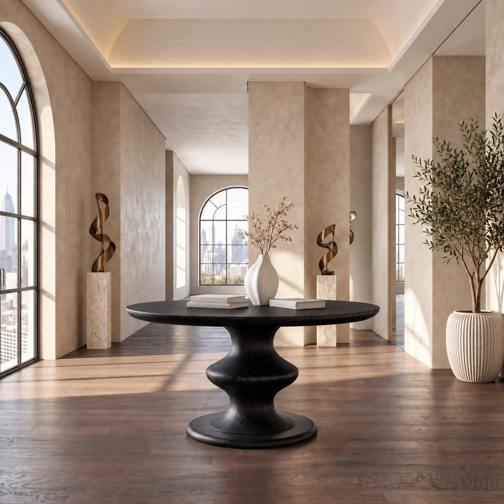 Round Foyer Table with Turned Spool Pedestal Base, Mid Century Solid Wood Entryway Accent Table