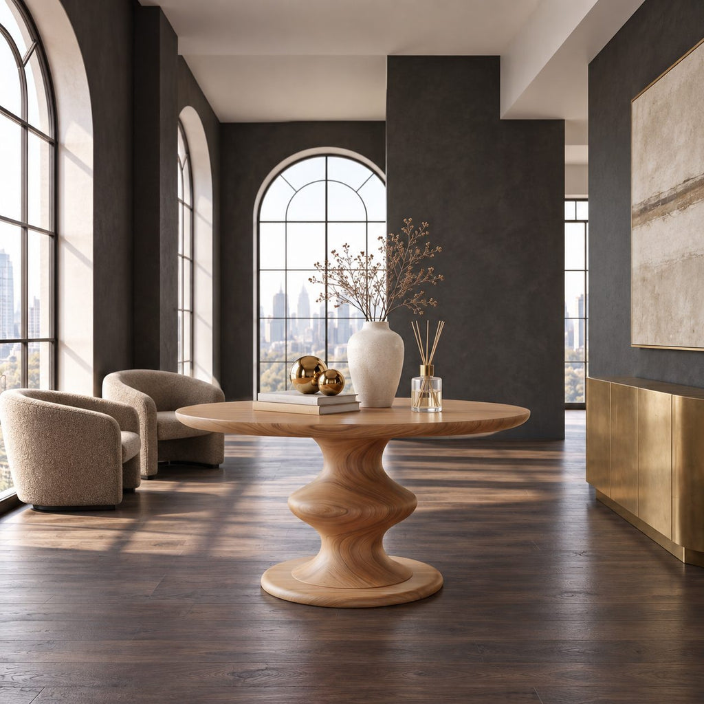 Round Foyer Table with Turned Spool Pedestal Base, Mid Century Solid Wood Entryway Accent Table