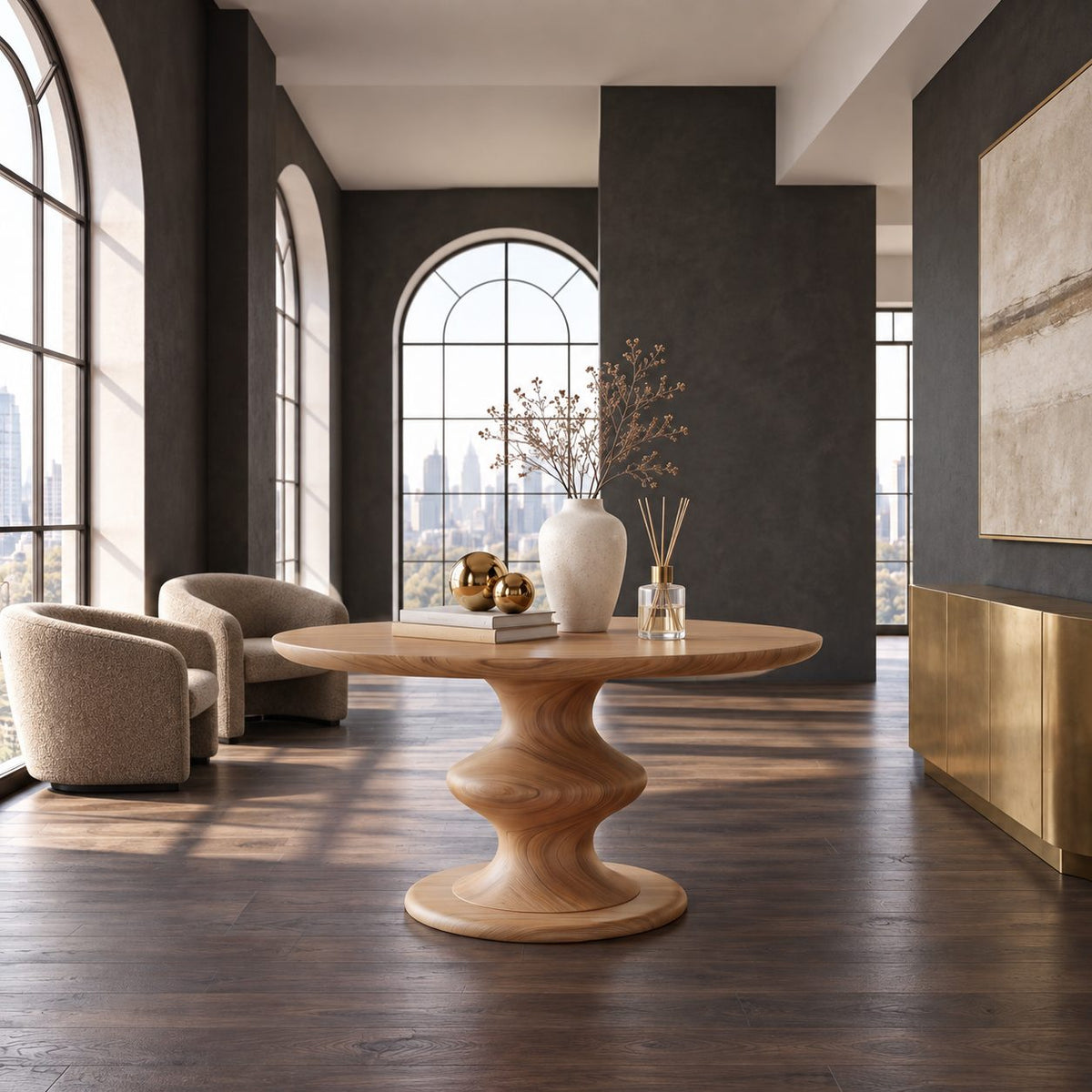 Round Foyer Table with Turned Spool Pedestal Base, Mid Century Solid Wood Entryway Accent Table