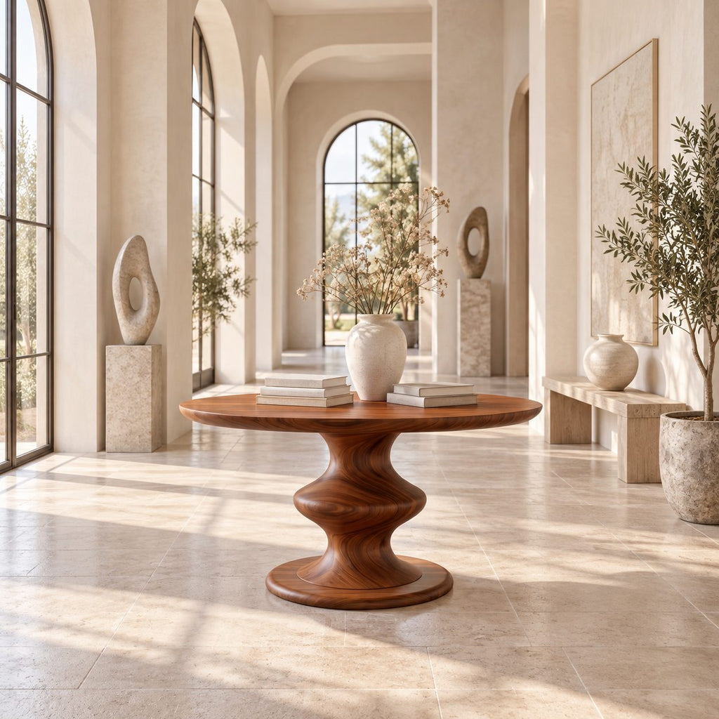 Round Foyer Table with Turned Spool Pedestal Base, Mid Century Solid Wood Entryway Accent Table