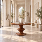 Round Foyer Table with Turned Spool Pedestal Base, Mid Century Solid Wood Entryway Accent Table