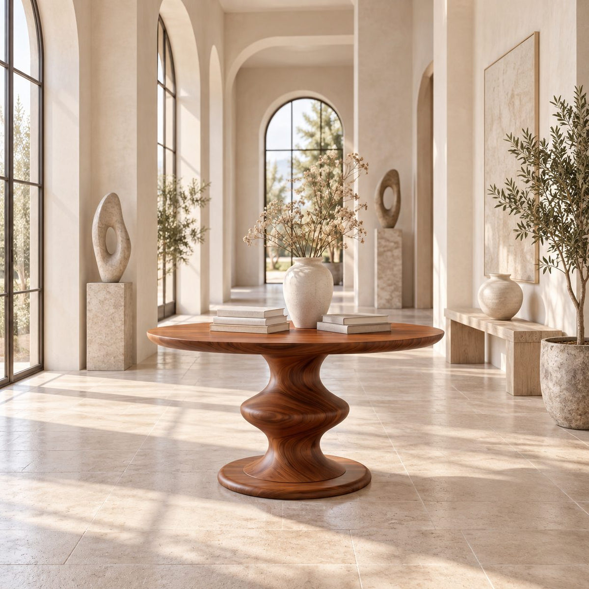 Round Foyer Table with Turned Spool Pedestal Base, Mid Century Solid Wood Entryway Accent Table